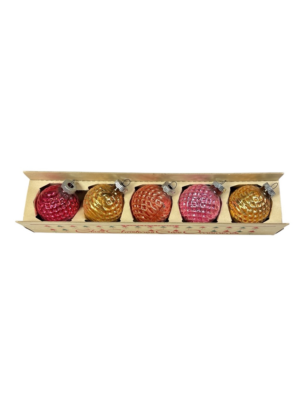 5 Vtg Shiny Brite Glass Christmas Tree Ornaments Waffle Dimpled Golf Ball w/ Box